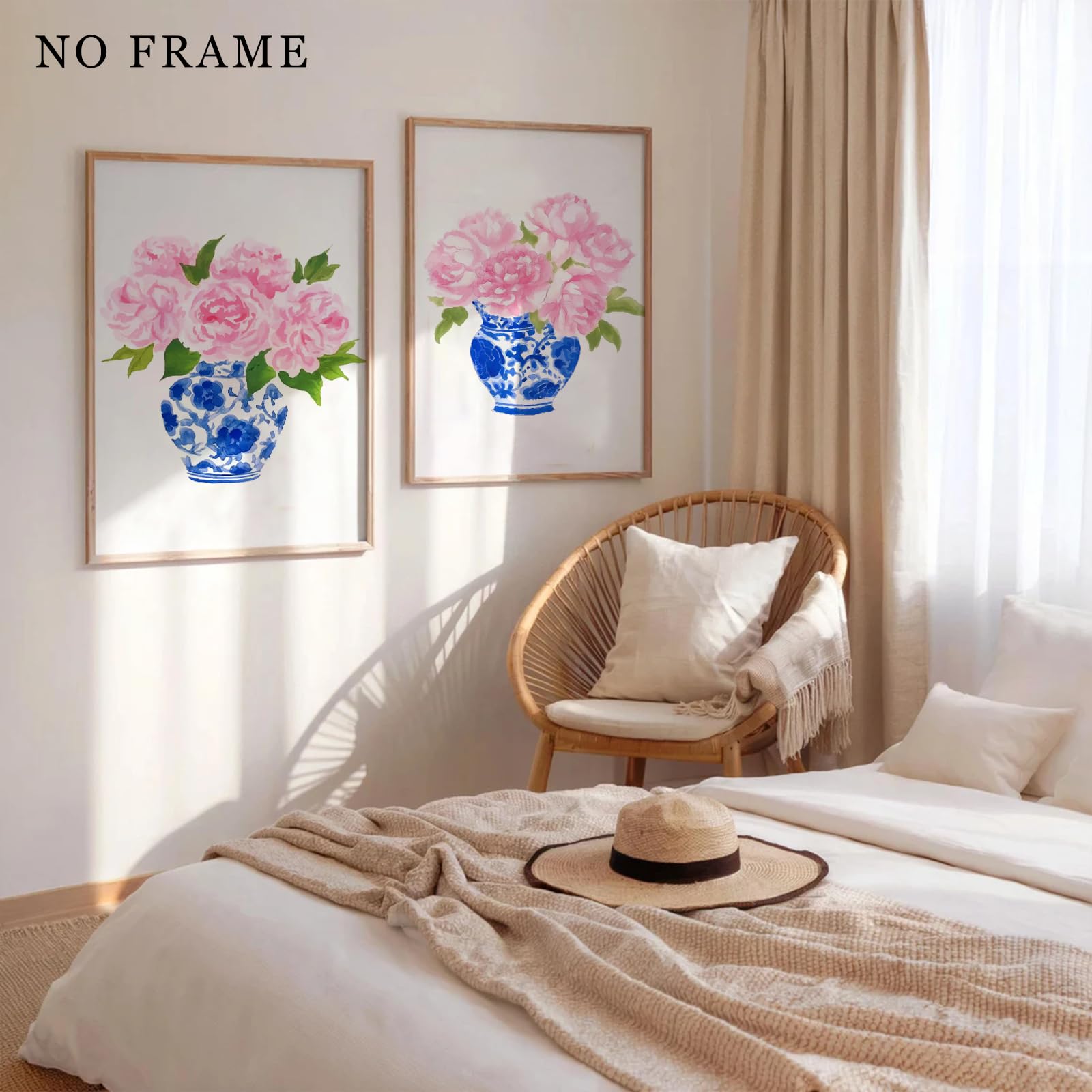 Pink Floral Watercolor Art Blue And White Vase Prints Flower In
